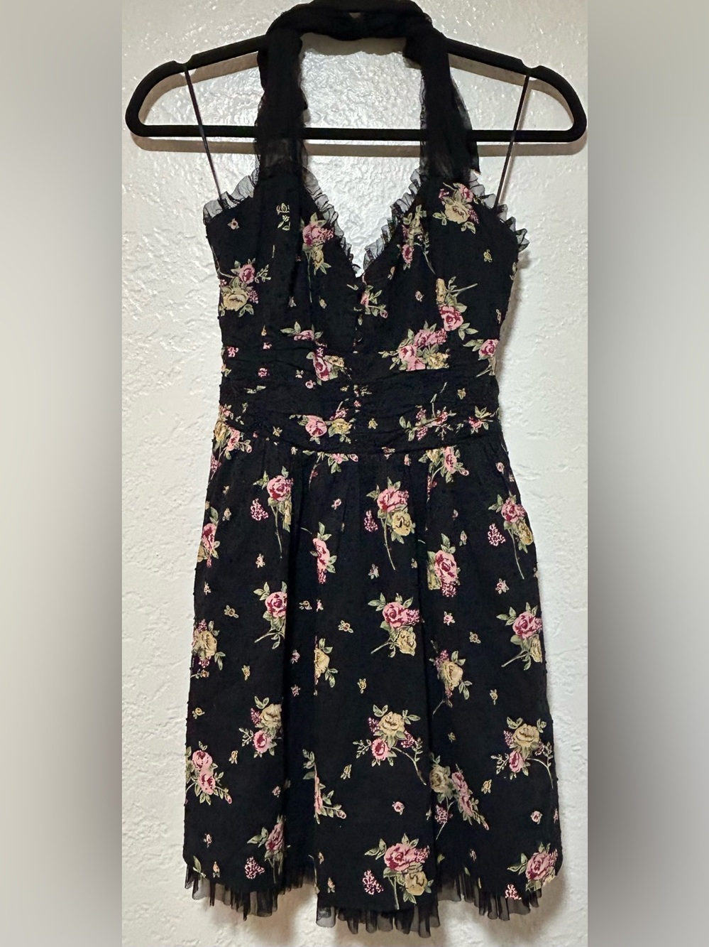 Guess Juniors Black Mini Dress with Pink and Cream Floral Print